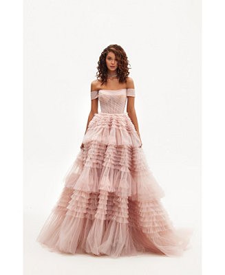 Milla Women's Misty Rose Off-The-Shoulder Frill-Layered Gown - Macy's | Macy's