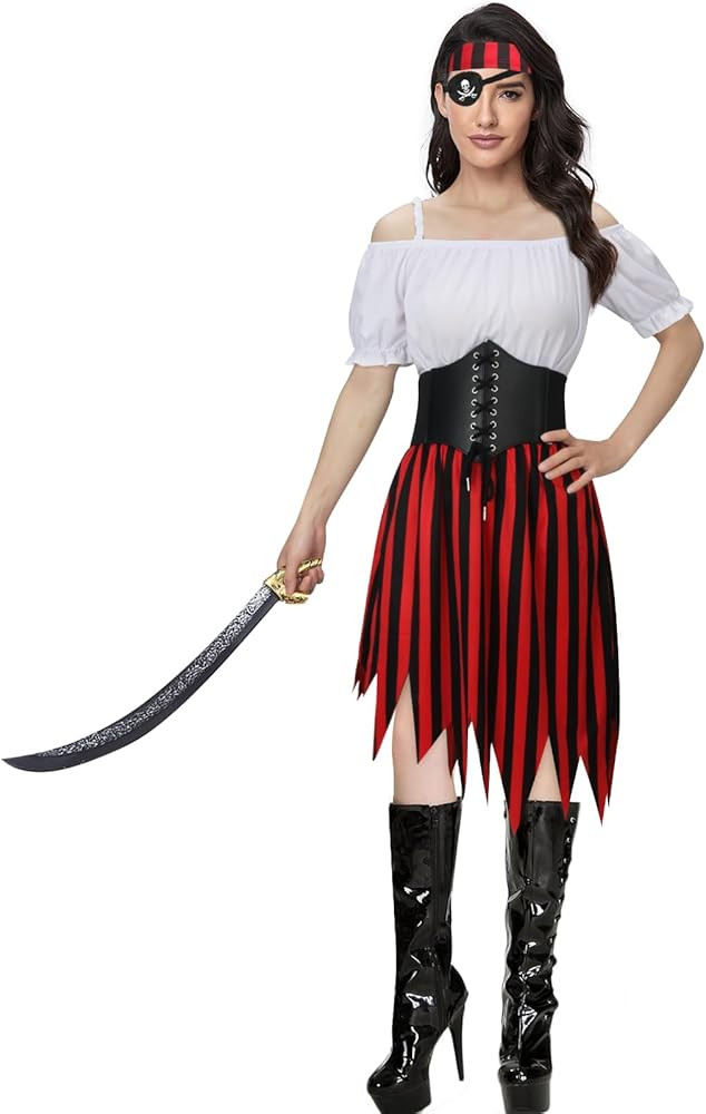 5 pcs Women Pirate Costume Cosplay Renaissance Blouse Top Corset Waist Belt Skirt Stripes Headsca... | Amazon (US)