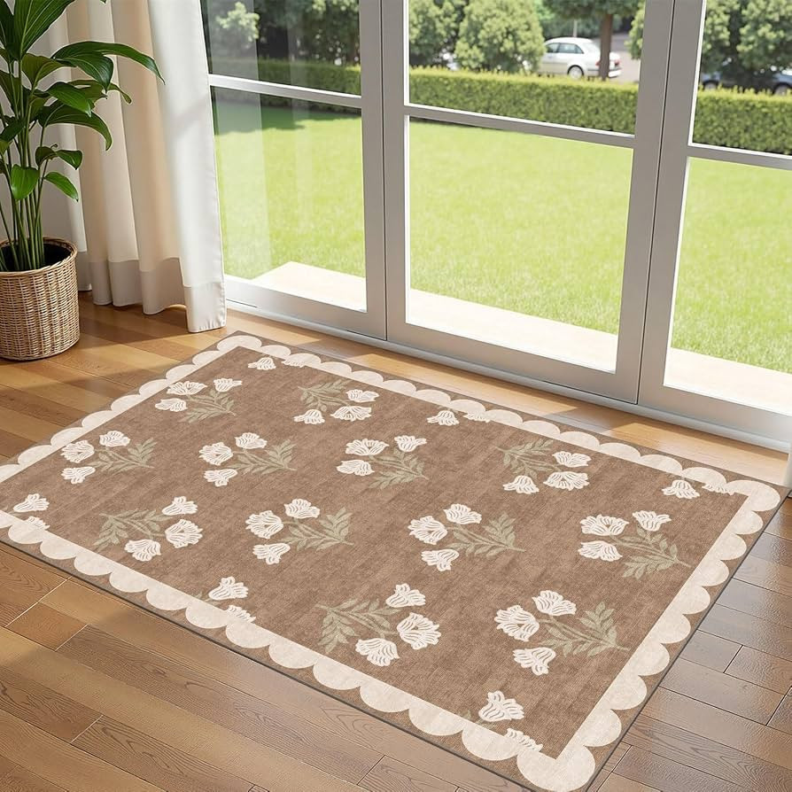 3x5 Floral Entry Rug - Small Washable Indoor Outdoor Mats for Front Door Non-Slip Porch Rug Tan B... | Amazon (US)