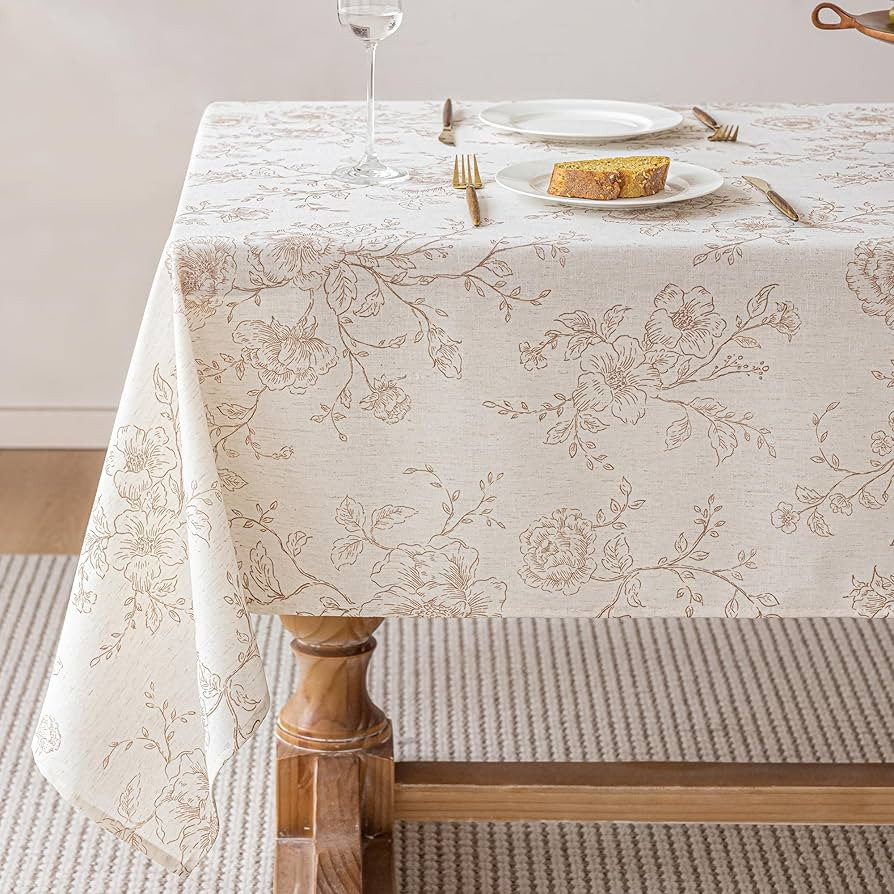 Floral Linen Table Cloth 55 x 84 inch Wrinkle Resistant Vintage Farmhouse Tablecloth Brown Patter... | Amazon (US)
