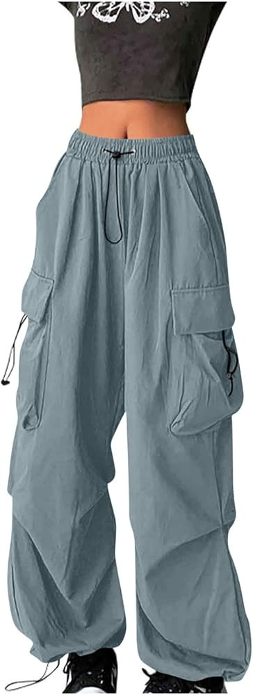 Parachute Pants Woman Y2K Fashion Baggy Cargo Pants Drawstring Elastic High Waist Streetwear Trou... | Amazon (US)