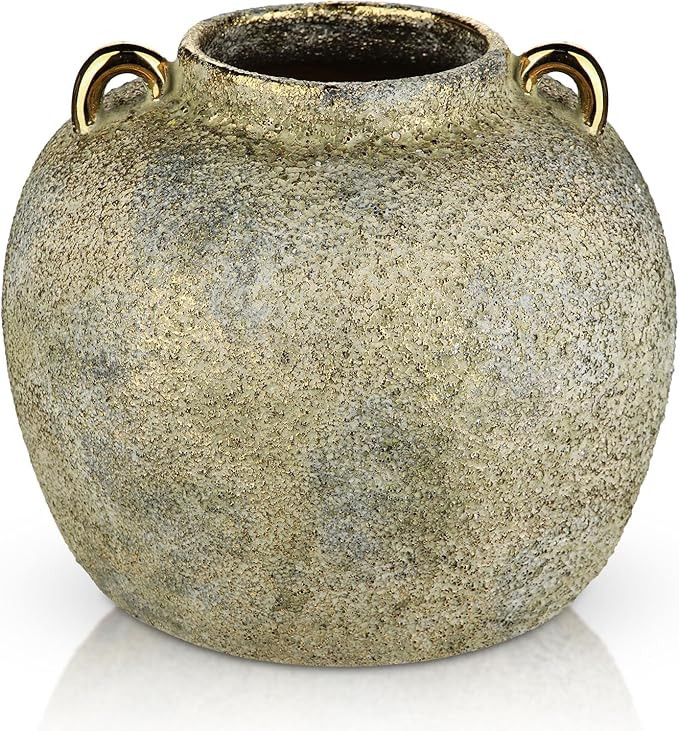 Antique Ceramic Flower Vase, 7.9" Rustic Glazed Decorative Vase with Gold Handles, Vintage Farmho... | Amazon (US)