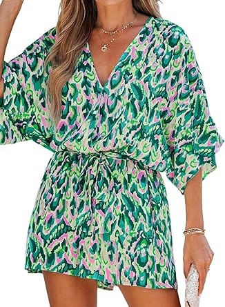 CUPSHE Women's Summer Romper Lace Up Printed Half Sleeves Casual Wide leg Vacation Outfit Mini On... | Amazon (US)