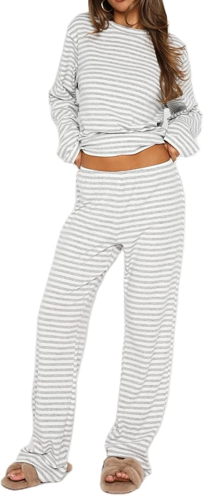 Yojeasrio Striped Pajama Set for Women 2 Piece Striped Long Sleeve Tee Shirts Drawstring Wide Leg... | Amazon (US)