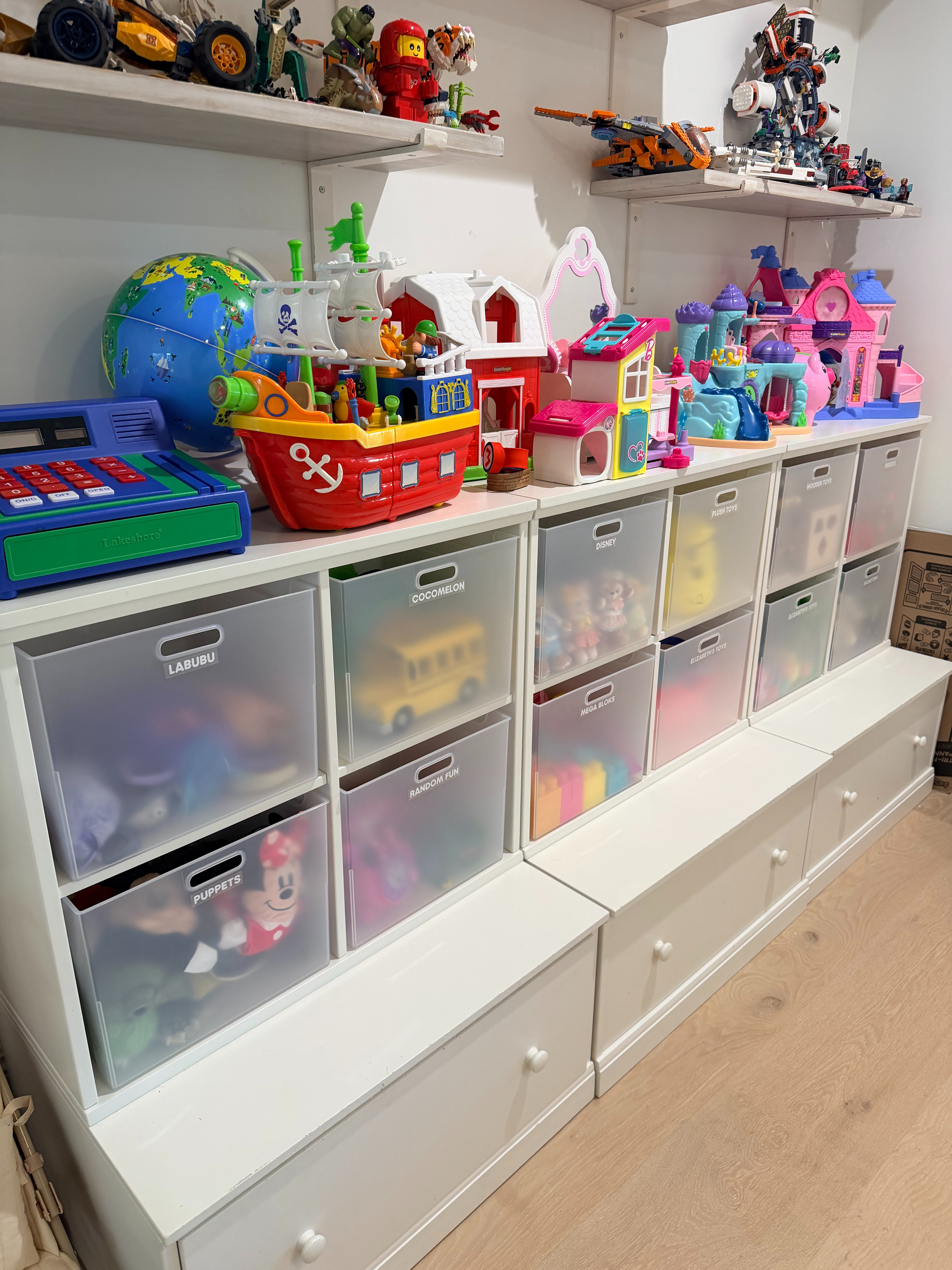 These bins are perfect for the 13" cubbies. Clear bins help kids be able to see the toy they are looking for and quickly know where to put it away! #Toyorganization 

 #LTKHome #LTKBaby #LTKKids