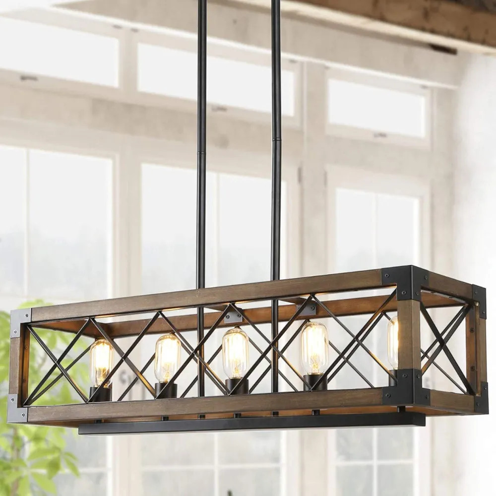 Farmhouse Chandelier for Dining Room, 5-Light Rectangular Chandelier, Wood Kitchen Island Lightin... | Amazon (US)