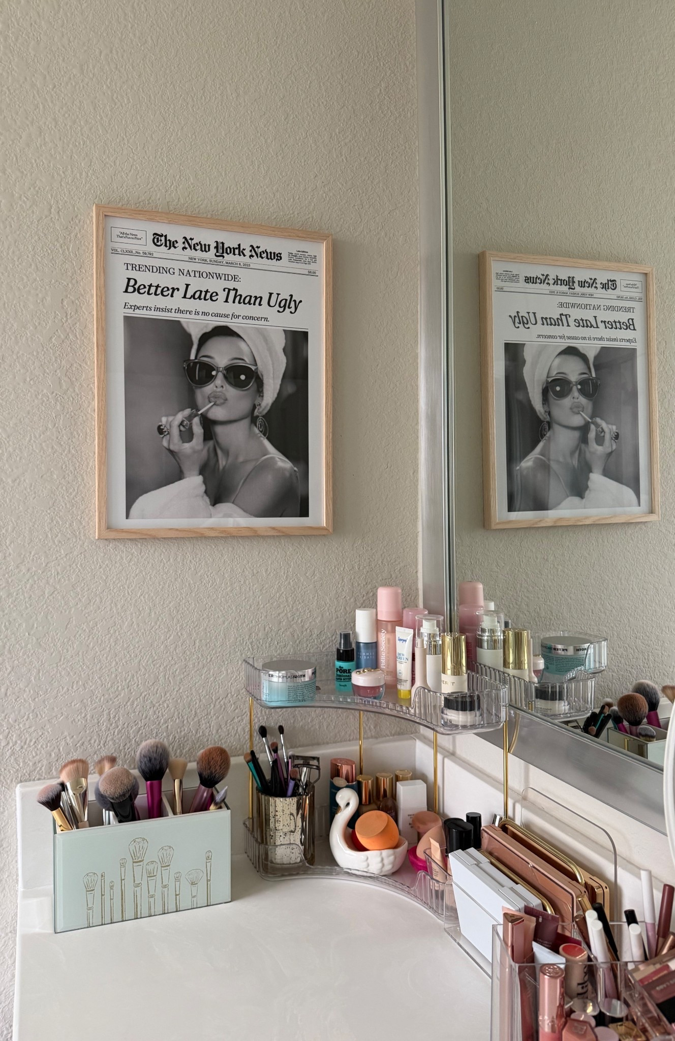 The cutest vanity wall art from Amazon! • Natural OAK Wood Audrey Hepburn Newspaper Trendy Framed Wall Art, 12x16 in Vintage Headline Canvas Wall Art • eyeshadow palette holder is a letter holder but works perfectly! 

#LTKselfcare #LTKHome #LTKBeauty