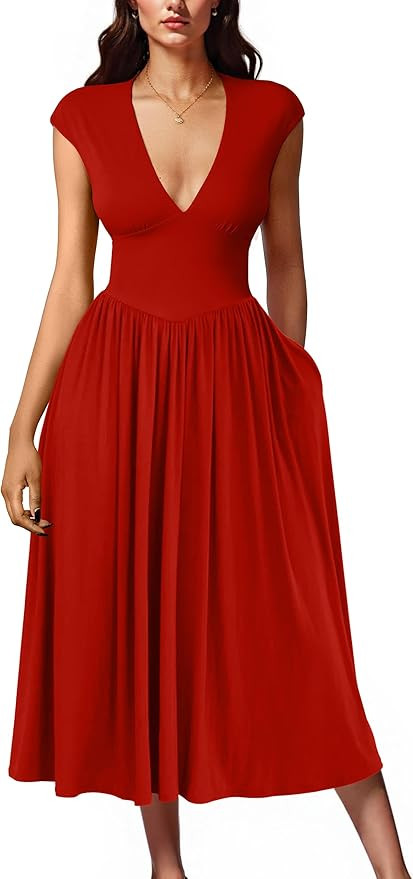 YMDUCH Women's Casual Deep V Neck Cap Sleeve Back Tie A-Line Swing Midi Dress with Pockets | Amazon (US)