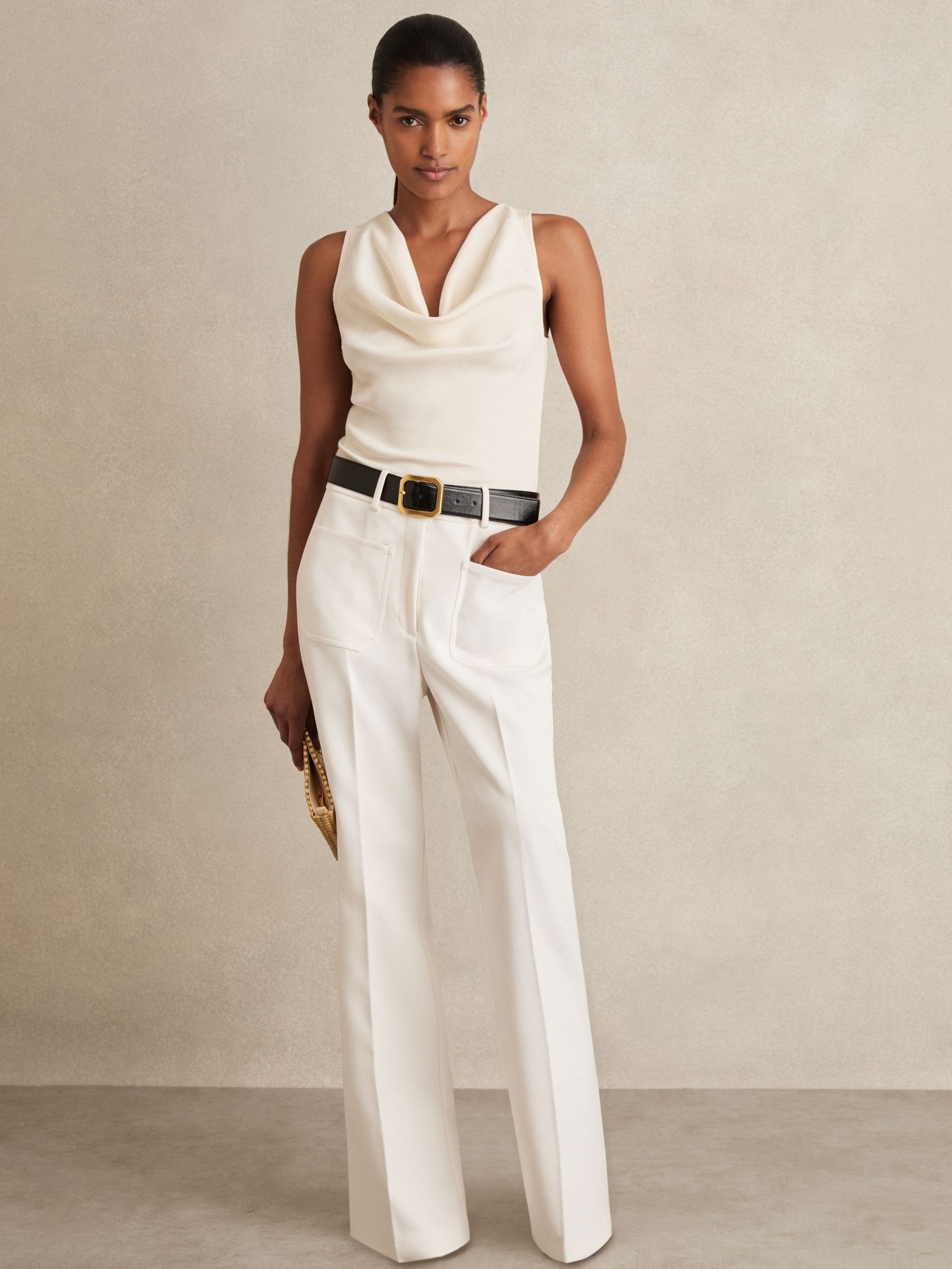 Petite Twill Patch-Pocket Flared Trousers in Cream | Reiss UK