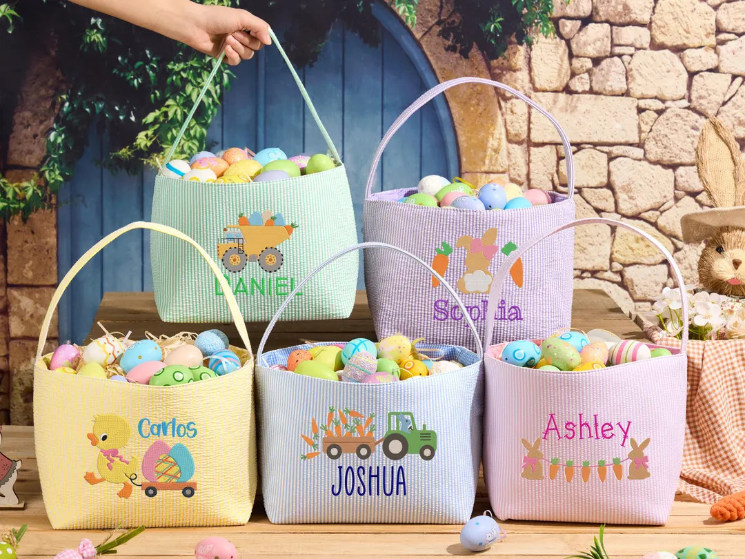 Monogrammed Seersucker Easter Basket: Embroidered Kids Easter Tote, Personalized Boy Girl Easter ... | Etsy (US)