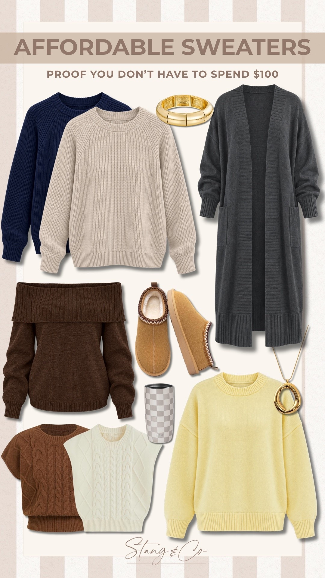 You don't have to spend $100 to find a really good fall sweater! I rounded up affordable knits in classic neutrals, chocolate brown, navy, and even a little butter yellow. From chunky cable knits to cozy cardigans and off shoulder styles, these are the sweaters I'd pair with jeans, trousers, and boots all season.

Affordable sweaters, Fall sweaters, Sweaters under $100, Cozy knitwear, Cable knit sweater, Off shoulder sweater, Long cardigan, Chocolate brown sweater, Fall outfit ideas, Budget friendly fashion, Tall girl fashion, StangandCo