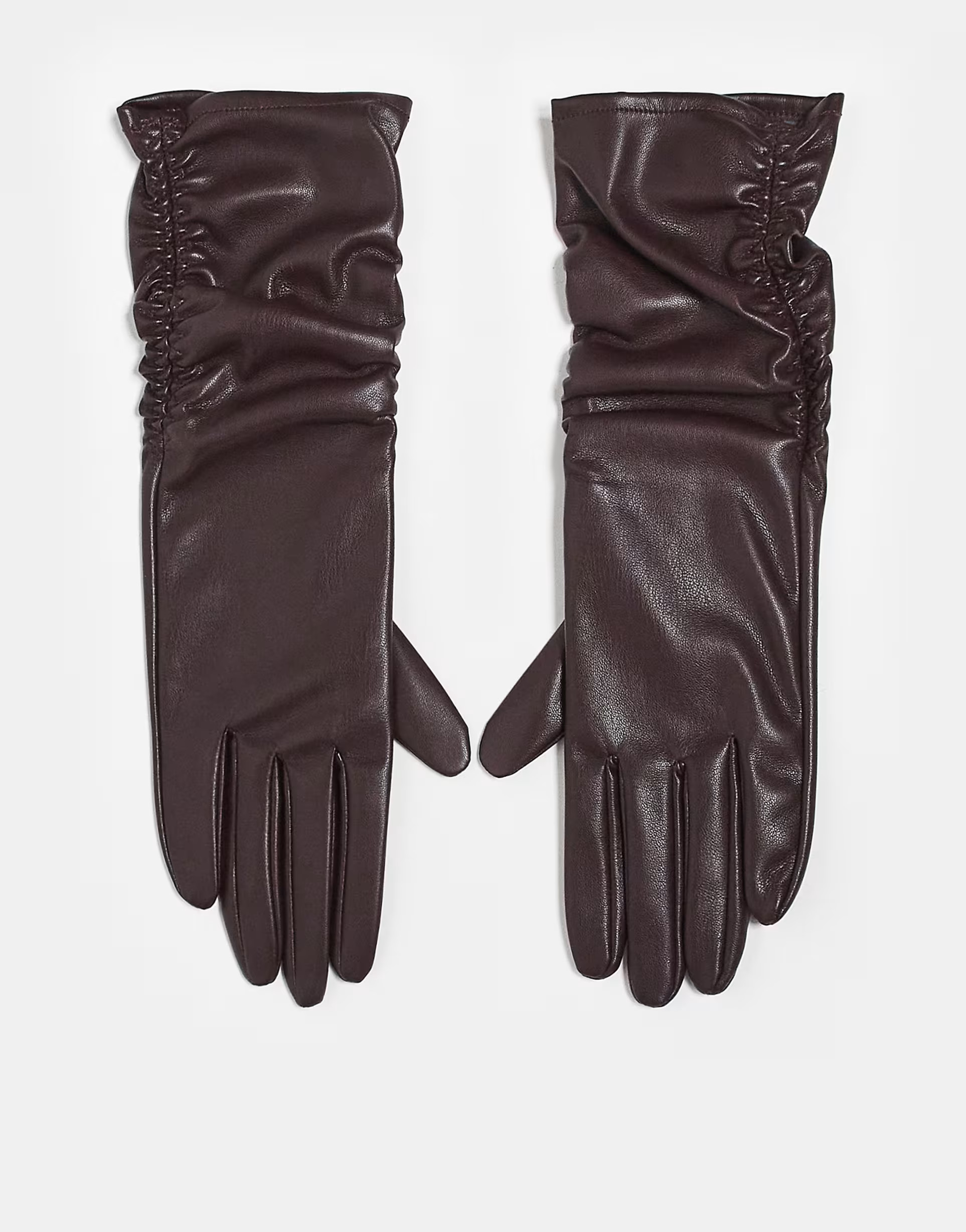 ASOS DESIGN faux leather long gloves with ruched detail in burgundy | ASOS | ASOS (Global)