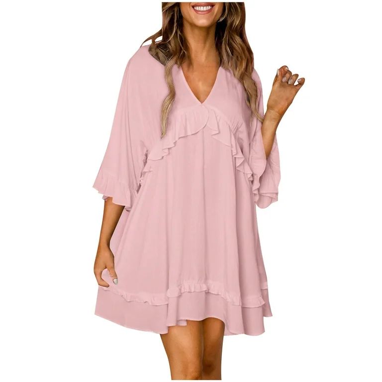 qolati Dresses for Women 2024 Summer Ruffle Short Sleeve Sundress V Neck Tunic Dress Casual Loose... | Walmart (US)