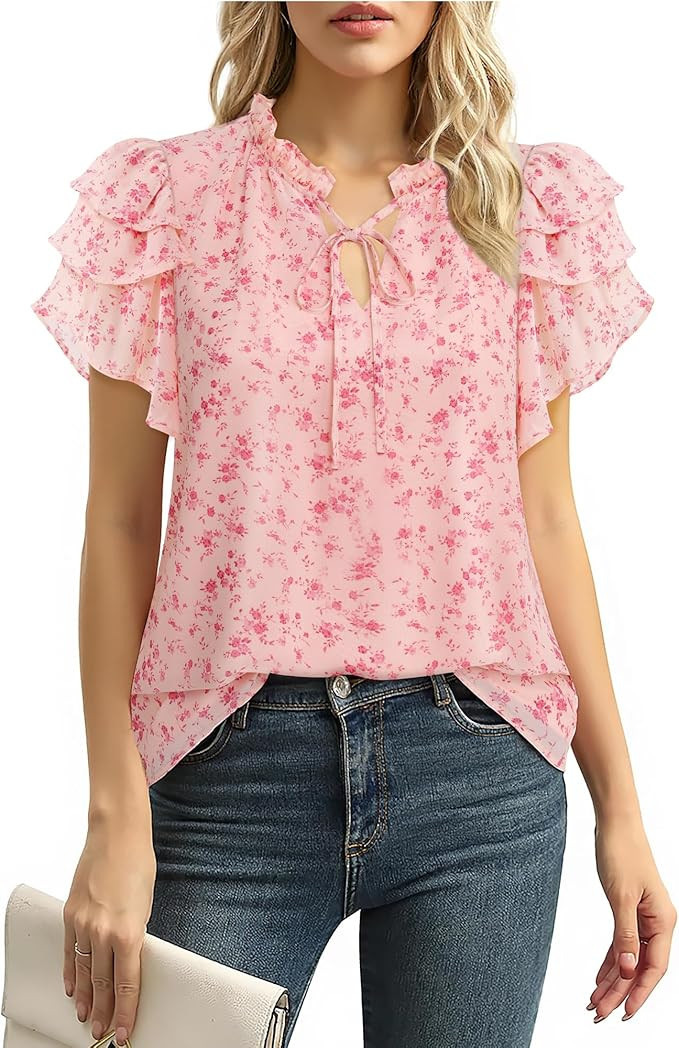 Lotusmile Summer Chiffon Dressy Casual Blouses Elegant Ruffle Short Sleeve Work Tops for Women Tr... | Amazon (US)