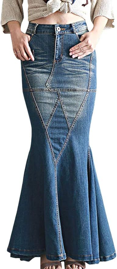 Amazon.com: LISUEYNE Women's Casual Stretch Waist Washed Denim Ruffle Fishtail Skirts Long Jean S... | Amazon (US)