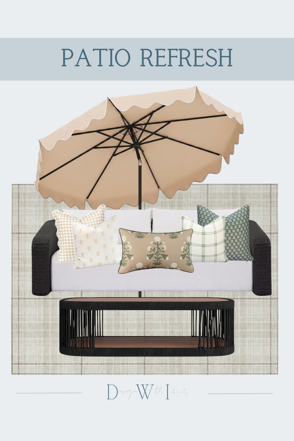 A beautifully layered patio starts with timeless neutrals and thoughtfully mixed patterns.

This outdoor refresh pairs classic black woven seating with soft ivory cushions, creating the perfect foundation for layers of warm, collected style. A scalloped café inspired umbrella provides shade while introducing a relaxed European feel, complemented by a sculptural black coffee table that grounds the entire seating area with modern contrast.

The mix of gingham, plaid, botanical, and small scale floral pillows in warm taupe, creamy ivory, and muted sage green adds depth without overwhelming the palette. Paired with a subtle plaid indoor outdoor rug, every texture and pattern works together to create a space that feels curated, inviting, and effortlessly livable.

Whether you're updating a covered patio or creating a cozy backyard retreat, this combination proves that a neutral palette can still feel rich, layered, and full of personality.

Shop the Look on LTK to recreate this collected outdoor space with carefully curated furniture, textiles, and accessories.

This design began as one of my digital mood board concepts and was later transformed into an AI generated visualization to help homeowners see how thoughtfully sourced pieces come together in a realistic outdoor setting.

#PatioDecor #OutdoorLiving #LTKHome 

 #LTKSeasonal #LTKHome