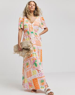 Summer Print Button Through Crinkle Maxi Dress | Simply Be | Simply Be (UK)