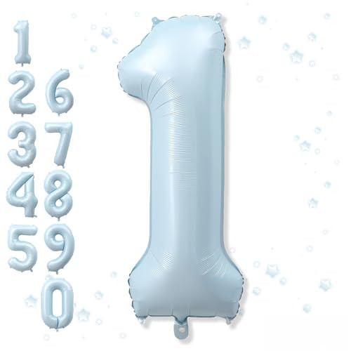 Big Number 1 Balloons, Light Matte Sky Blue Foil 1 Balloon Numbers 40 Inch, Giant 1st Birthday Party Decor, Baby Powder Blue Mylar Helium One Balloon for Boys Girls Baby Shower Anniversary Decorations | Amazon (US)