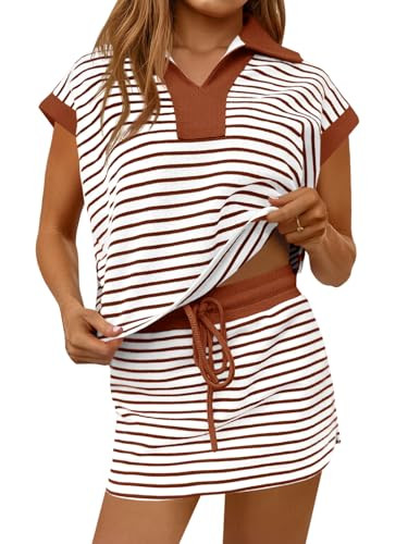 Fisoew Womens Striped 2 Piece Outfits Casual Sweatshirt Skirt Set Short Sleeve Skort Workout Set ... | Amazon (US)
