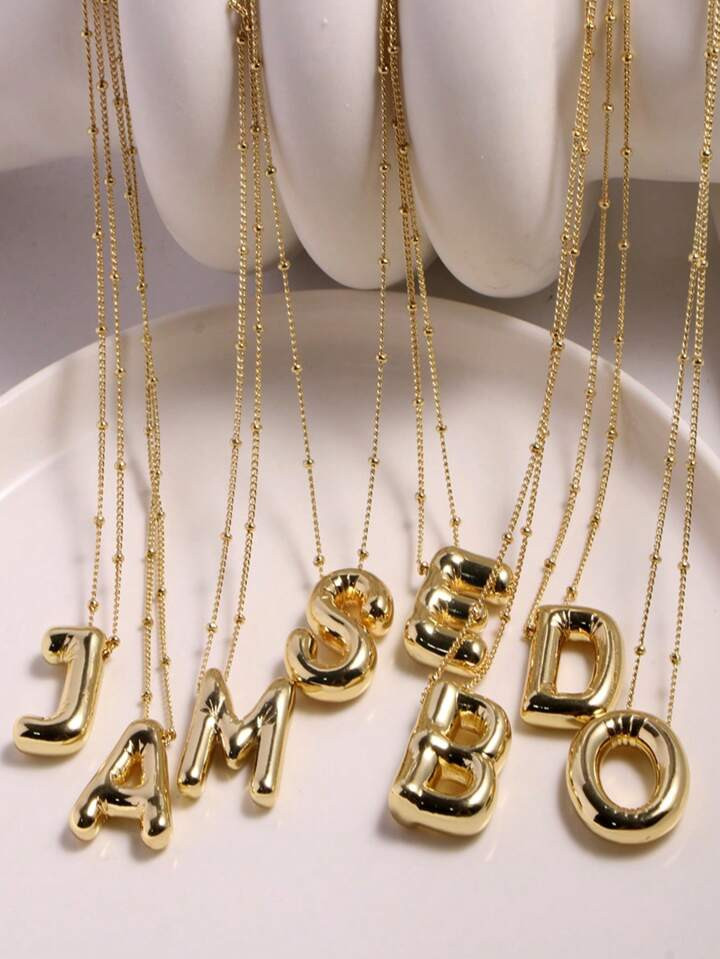1pc Gold Plated Copper Chunky Alphabet Balloon Bubble Initial Letter Pendant Necklace for Women M... | SHEIN