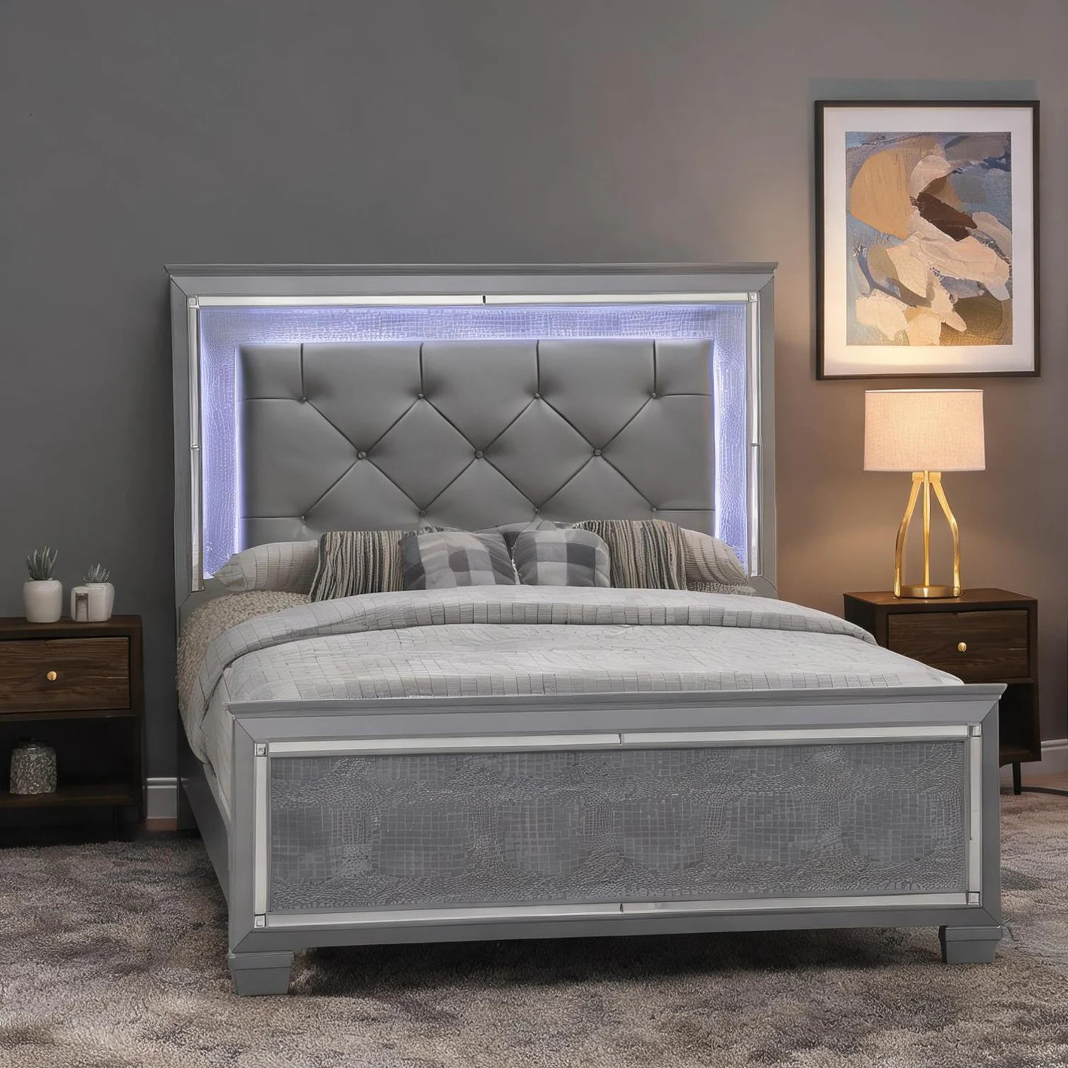 Watnature King Upholstered Platform Bed with LED Headboard and Beveled Mirror Accents Silver Finish one_size | I3UGPAZUNL53 | Lowe's