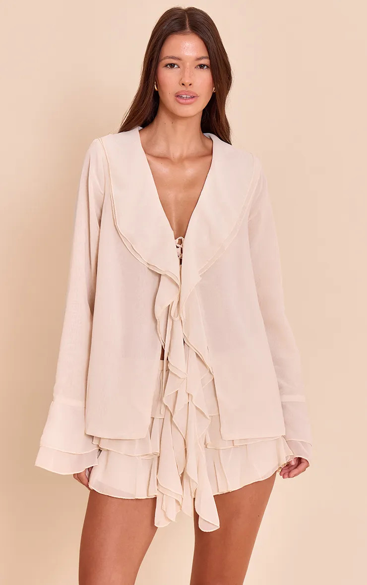 Cream Chiffon Frill Plunge Long Sleeve Top | PrettyLittleThing AU | Pretty Little Thing (Australia & New Zealand)