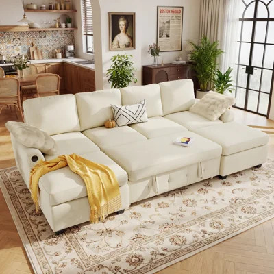 Macleod 104" Upholstered Chenille U Shaped Modular Sectional Sleeper Sofa with Pull Out Bed and Two Storage Ottomans | Wayfair North America