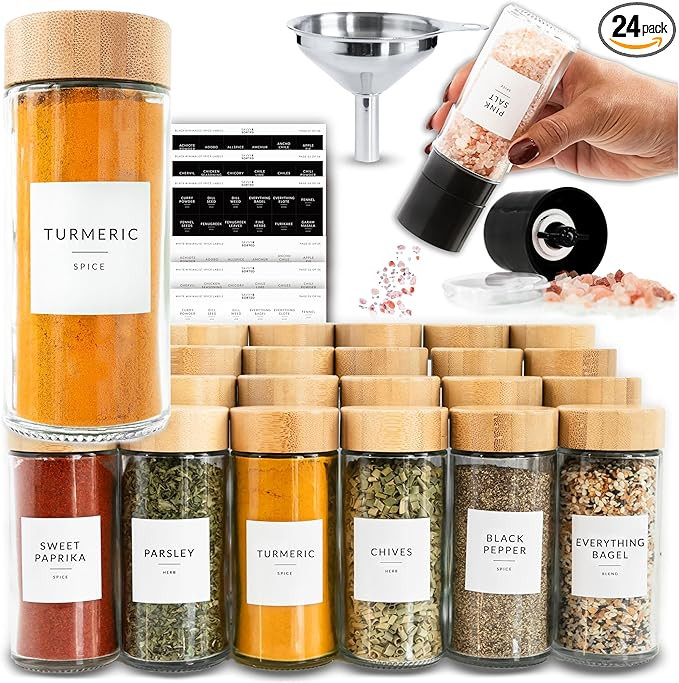 SAVVY & SORTED Glass Spice Jars with Label, 24PK Round Bamboo Jar Spices Set 4oz, 374 Spice Label... | Amazon (US)
