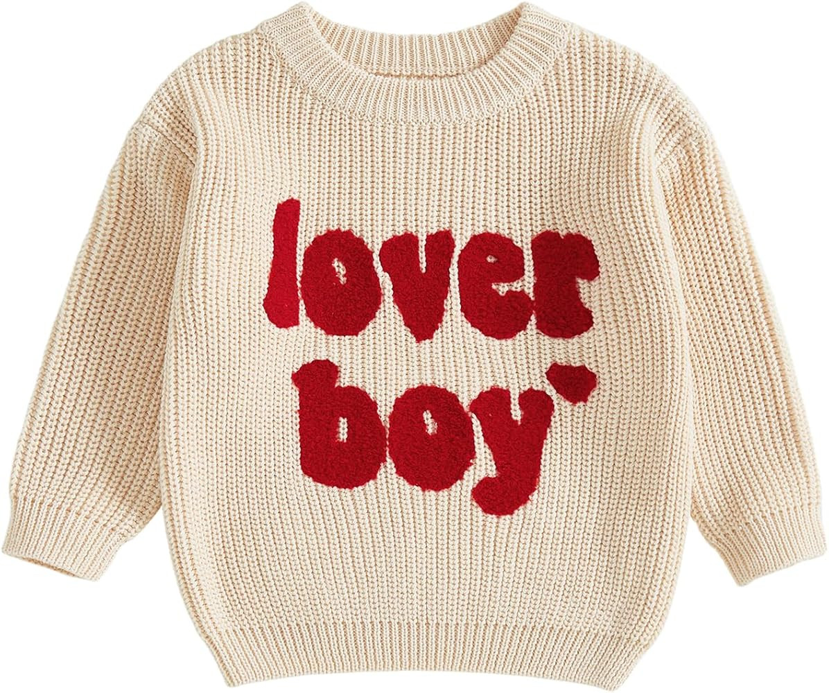 Toddler Baby Boy Valentines Clothes Lover Boy Embroidery Sweater Long Sleeve Oversized Knit Pullo... | Amazon (US)