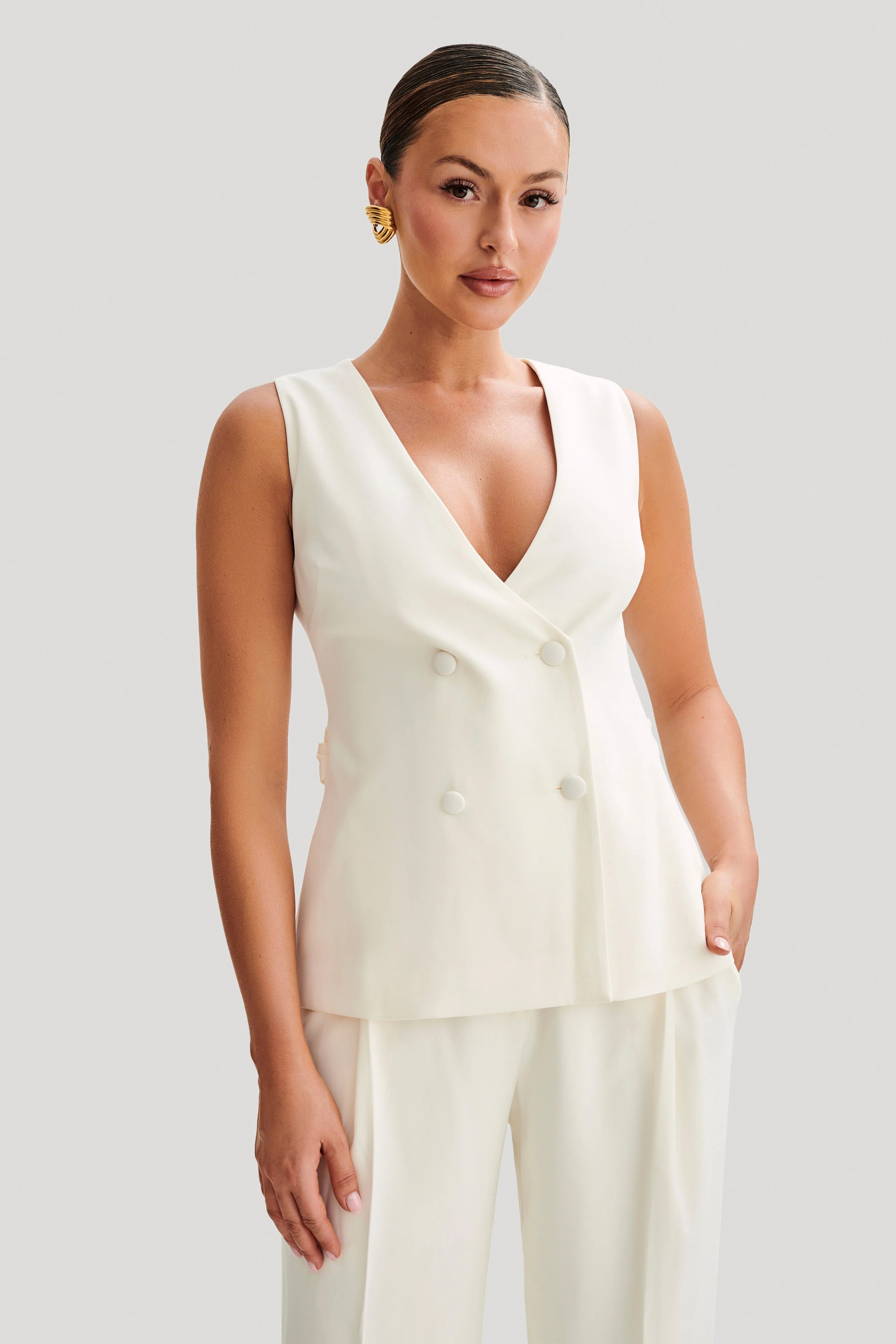 Suiting Longline Vest - Ivory | MESHKI US