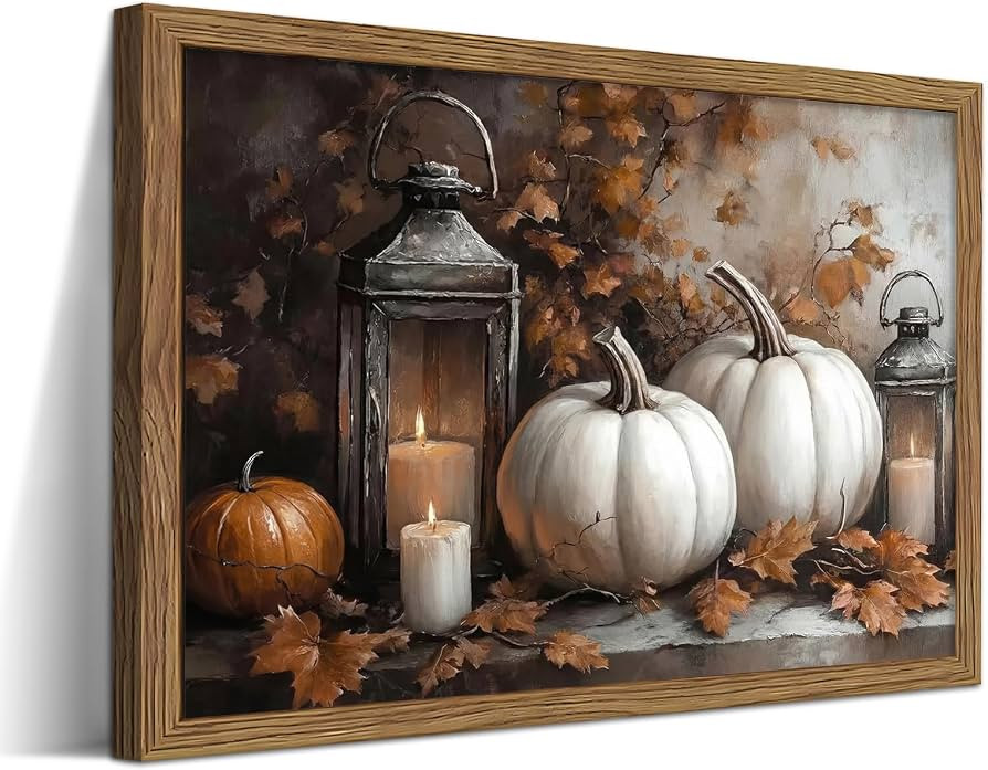 Framed Vintage Halloween Pumpkin Canvas Wall Art, Pumpkins with Lantern and Candles Print, Autumn... | Amazon (US)