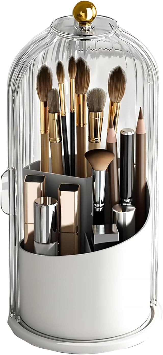 Makeup Brush Holder Organizer with Lid 360° Rotating Makeup Organizer Countertop Dustproof Cosme... | Amazon (US)