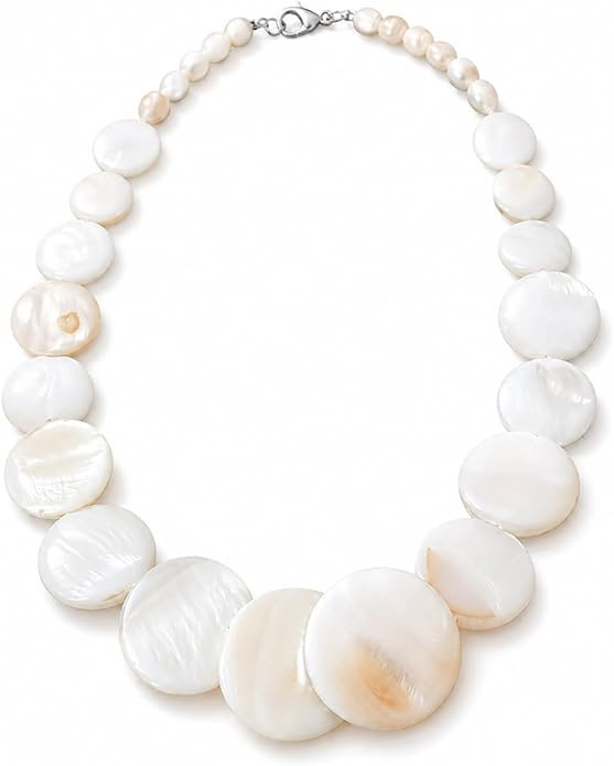 Shell Necklace for Women, White Disc Beach Jewelry with Mother of Pearl Look, Adjustable Statemen... | Amazon (US)