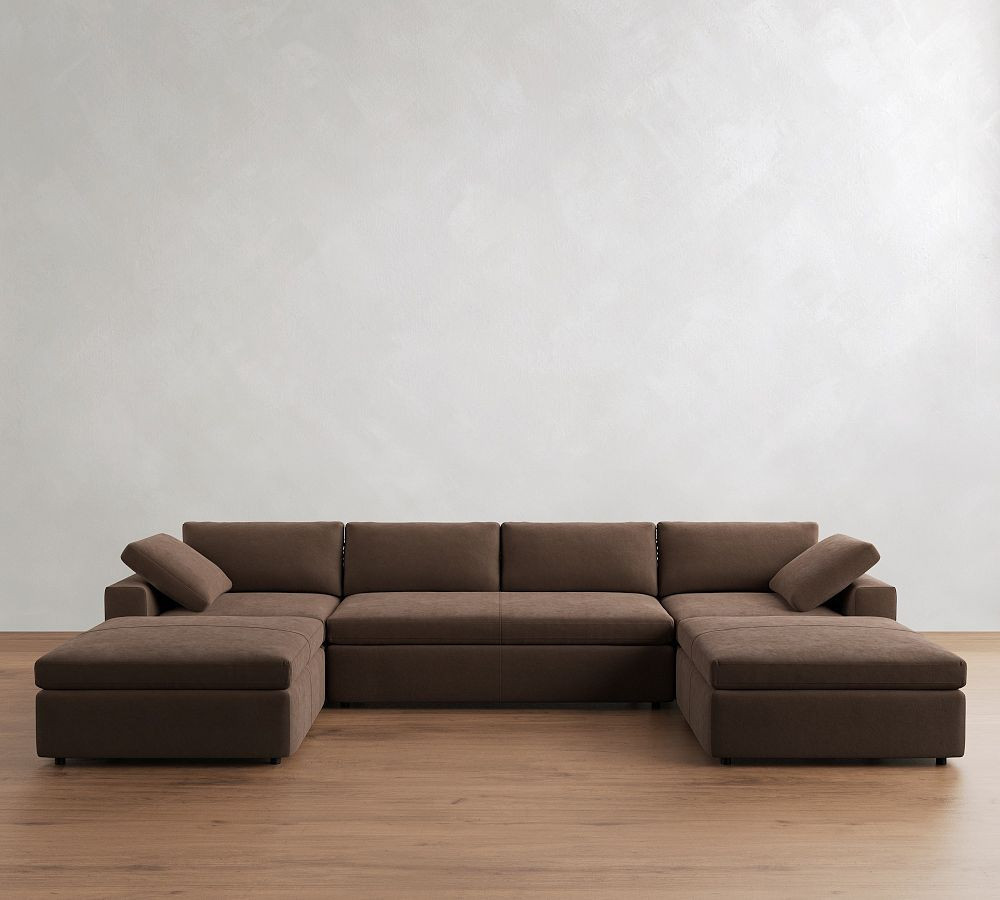 Dream Square Arm Leather 5-Piece U-Shaped Modular Sectional with Bench Cushion and Ottoman, Memory Foam Seat Cushions and Down Blend Wrapped Back Cushions, Performance Faux Nubuck Chocolate | Pottery Barn (US)