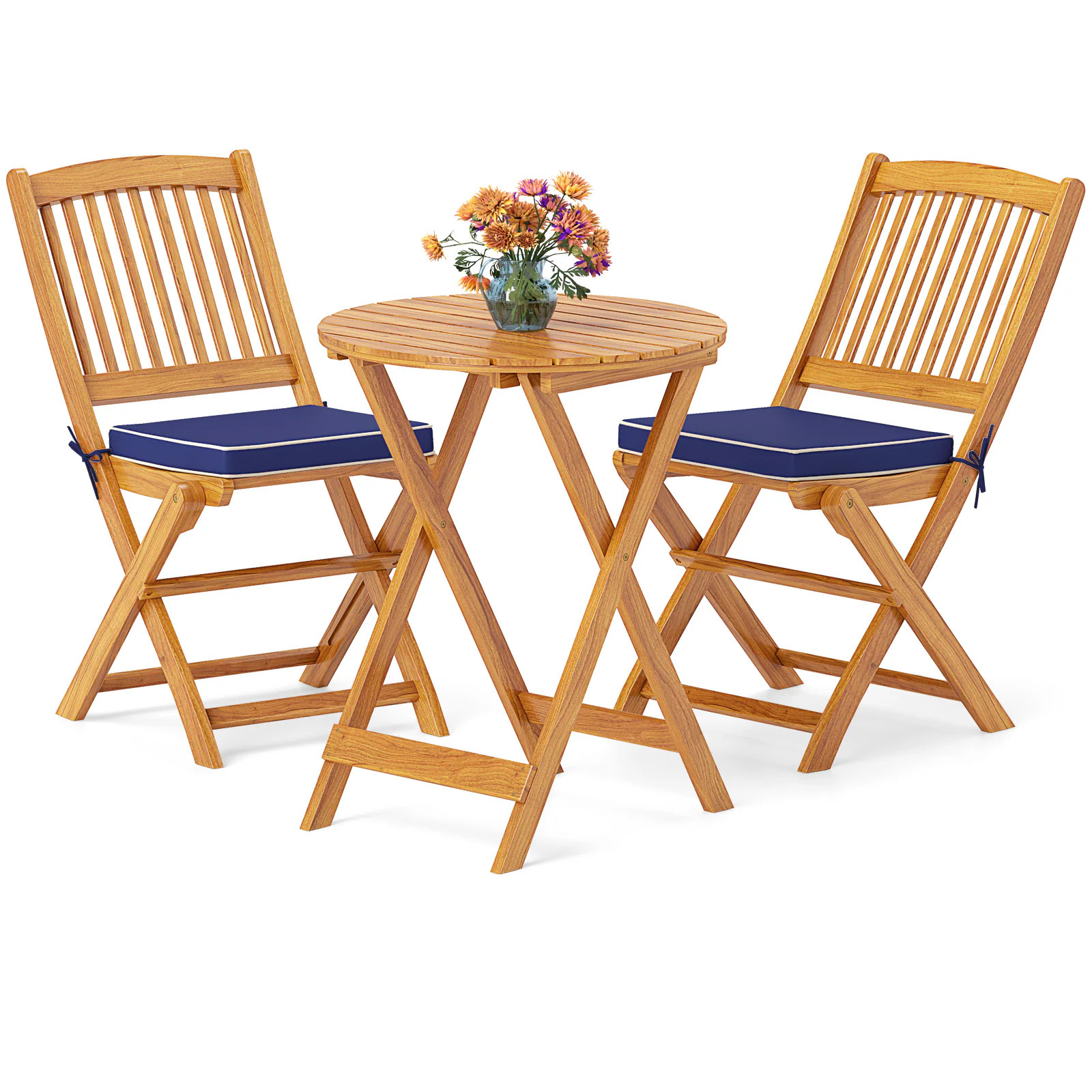Slickblue Outdoor Folding 3-Piece Natural Finish Acacia Wood Bistro Patio Dining Set - Round Table with 2 Beige/Navy Cushion Included Stationary | Lowe's