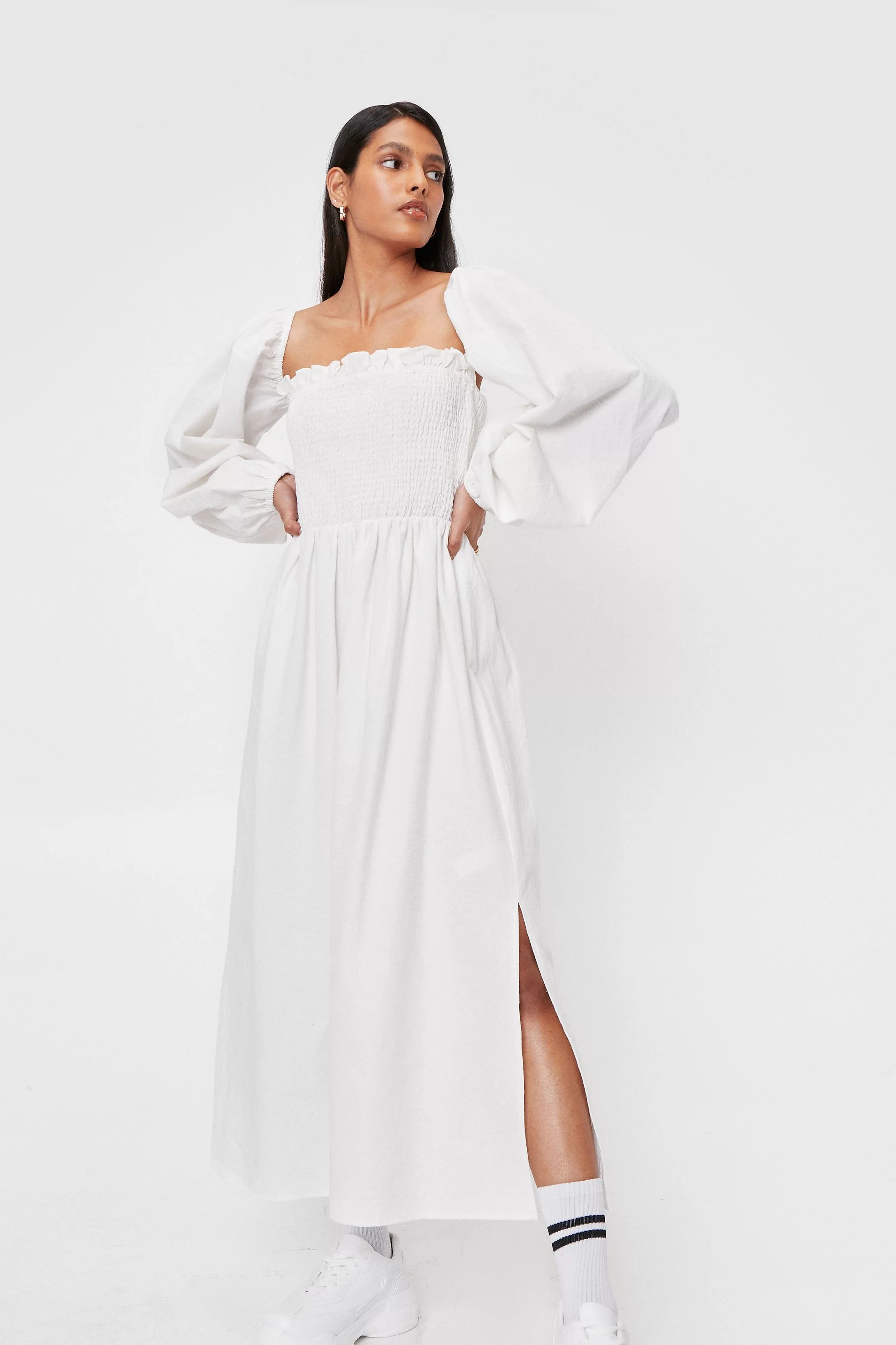 Linen Look Puff Sleeve Shirred Midi Dress | Nasty Gal (US)
