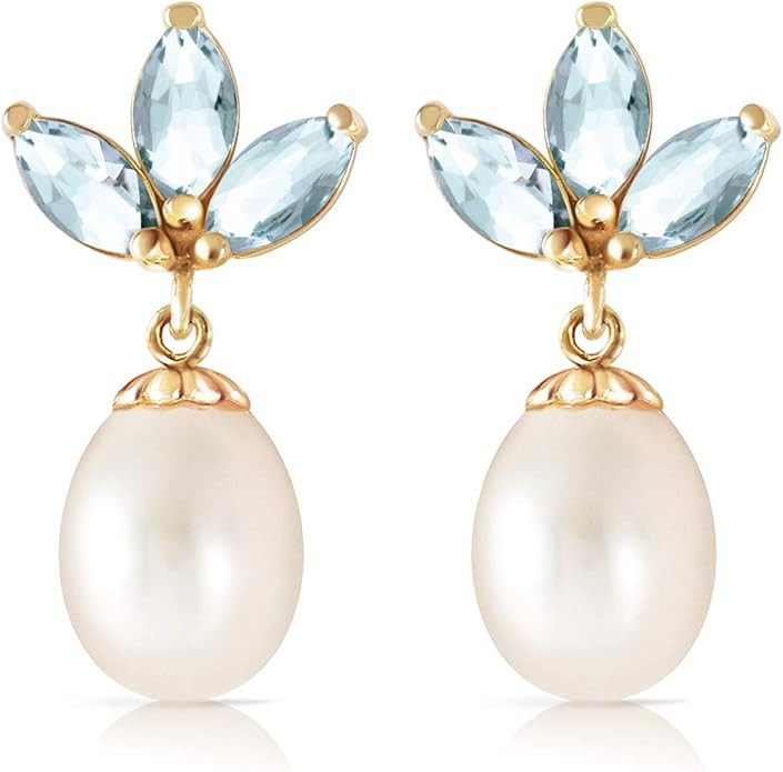 Galaxy Gold GG 14K Solid Gold Freshwater Pearl and Aquamarine Drop Earrings for Women - 9.50 Cara... | Amazon (US)