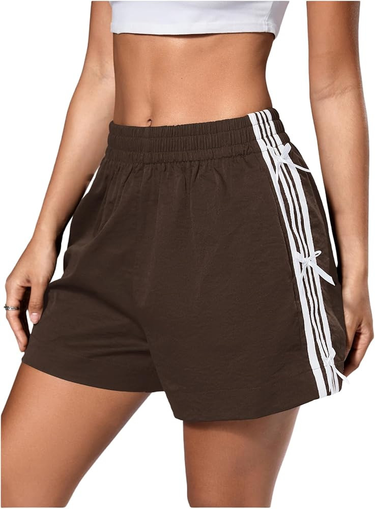 Verdusa Women's Bow Striped Track Shorts Y2k Elastic Waist Wide Leg Gym Shorts | Amazon (US)