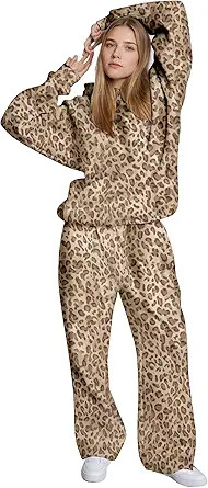 Ythomm Womens Leopard 2 Piece Sets Oversized Hoodies Straight Leg Sweatpants Sweatsuits Hooded Sw... | Amazon (US)