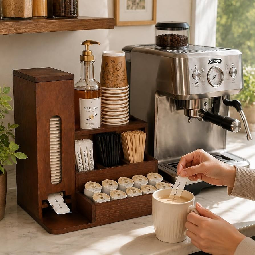 Wooden Coffee Station Organizer for Countertop, Coffee Bar Organizer with Sugar Packet Dispenser ... | Amazon (US)