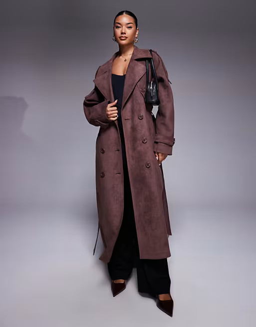 Aria Cove faux suede belted trench maxi coat in chocolate | ASOS | ASOS (Global)