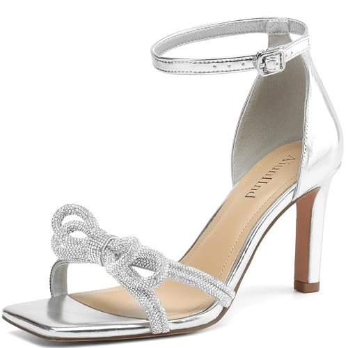 AIUNIIND Women's Double Bowknots Heels Square Open Toe Ankle Strap Rhinestone Dress Shoes for Party Wedding Silver 8.5 | Amazon (US)