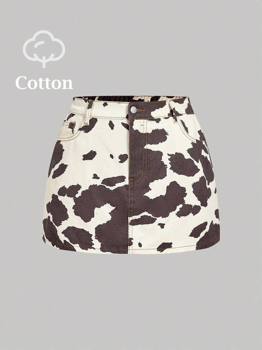 SHEIN MOD Plus Size Women's Casual Cow Print Pocket Denim Mini Skirt,Halloween Skirt,Fall Women C... | SHEIN