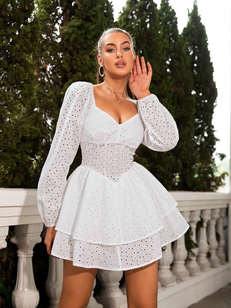 D&M Sweetheart Neck Lantern Sleeve Two Layer Hem Schiffy Dress | SHEIN