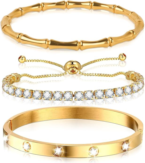 Gold Bracelets for Women,18K Gold Plated Love Bangle Bracelet Set,Crystal Stackable Bangles with ... | Amazon (US)
