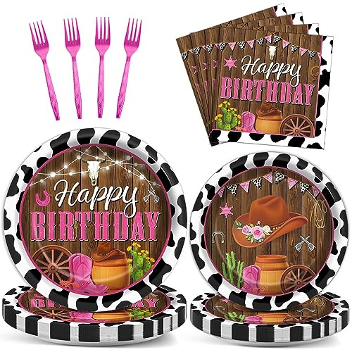 96 Pcs Cowgirl Decorations Party Supplies Western Theme Paper Plates Cow Print Party Plates Western Disposable Plates and Napkins Girl Rodeo Pink Birthday Wild West Tableware Decor for Kids Serves 24 | Amazon (US)