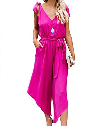 BELONGSCI Women Outfit Sleeveless Shoulder Bandage Waistband Sexy V-Neck Wide Leg Long Jumpsuit w... | Amazon (US)