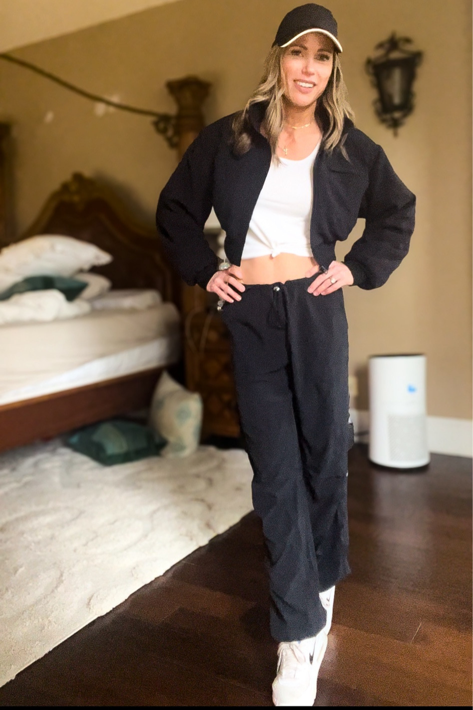 Absolute cutest athleisure set!!!  The black, cropped jacket, super comfy and cute, black parachute pants and black hat makes the perfect “cool” outfit for running errands or going to kids sporting events.  It all fits fantastic, TTS.  

#cargopants #athleisure #athleisureset #allblacklook #badassmomlook #perfectoutfitforrunningerrands

#LTKfitness