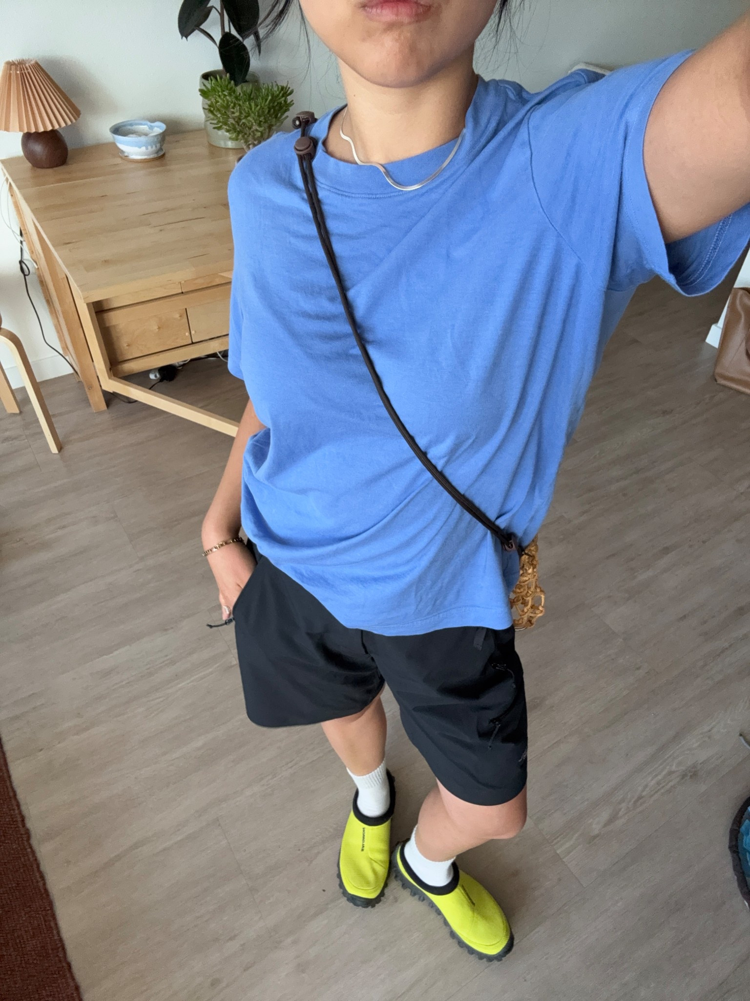 tee - S
shorts - sized up to a 6 for a baggy look (but i’m in bw 4&6 (26) so would proceed w caution) 
slides - wish i had gone down half a size 