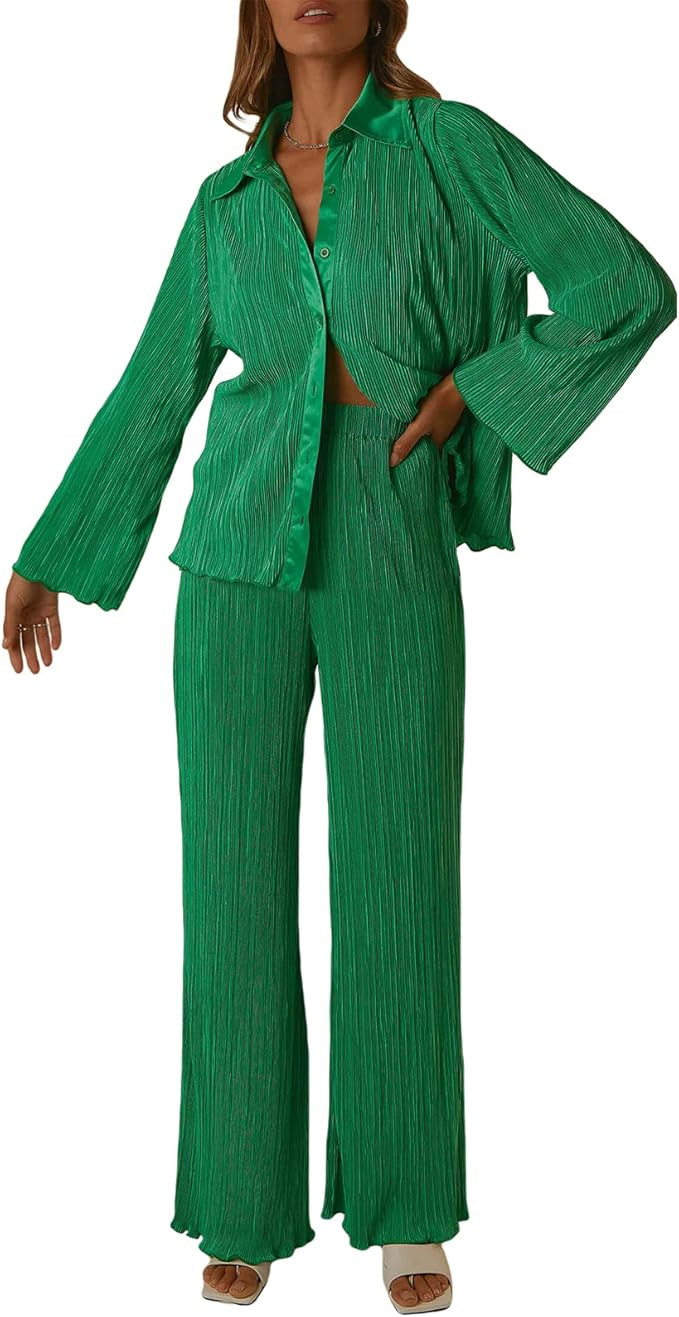 Women Casual 2Pcs Outfits Set Button Down Long Sleeve Shirt High Waist PleatedWide Leg Pants 2 Pi... | Amazon (US)